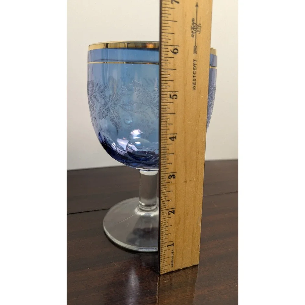 Vintage Blue Glass Goblet Gold Gilt Etched Grapevine Thumbprint Wine Glass